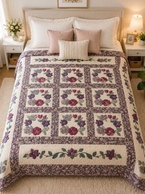 Vintage Handmade Applique Floral Quilt